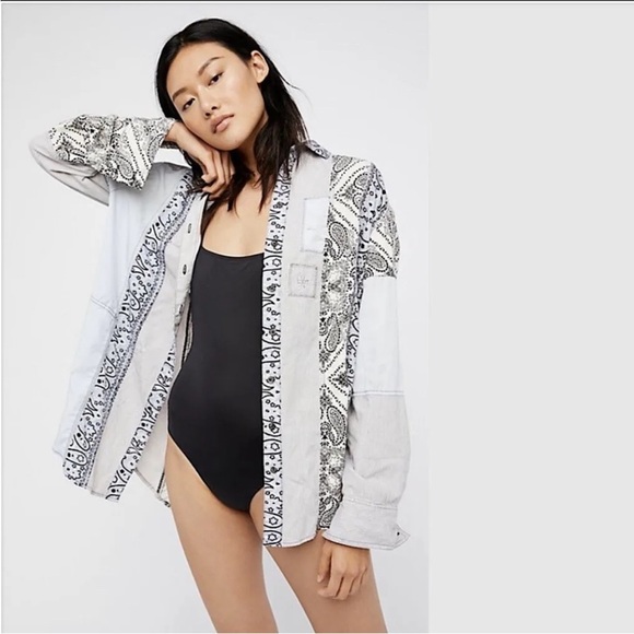 Free People Paisley Patchwork Oversized Button Up Shirt, Blue & White Floral Top - Picture 2 of 11